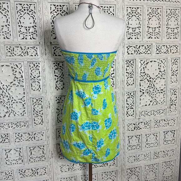 Vtg Lilly Pulitzer White Label Green & Blue Sea Turtle Print Strapless Dress - Picture 5 of 7